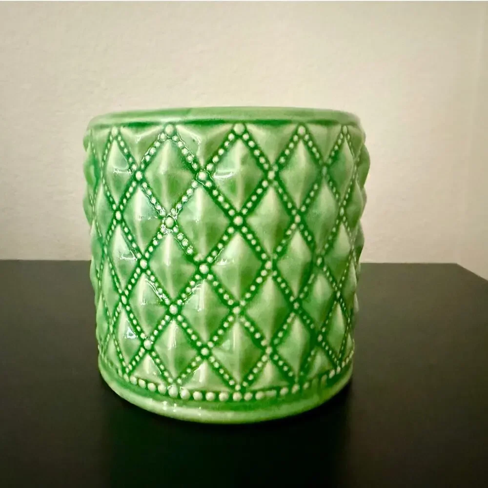 Bloomr Quilted Diamond Ceramic Planter Pot Vase Glossy Green Mini Small